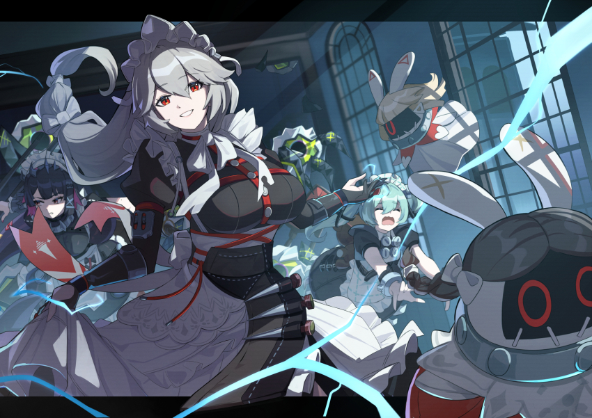 3girls alexandrina_sebastiane anastella_(zenless_zone_zero) black_dress black_gloves black_hair closed_eyes colored_inner_hair corin_wickes daweykun dress drusilla_(zenless_zone_zero) ellen_joe furrowed_brow gloves green_hair hair_between_eyes hair_ornament hairclip highres holding holding_weapon indoors light_brown_hair lightning long_hair long_sleeves looking_to_the_side maid maid_headdress multicolored_hair multiple_girls open_mouth parted_lips partially_fingerless_gloves red_eyes red_hair shark_girl short_hair short_sleeves sidelocks two-tone_hair weapon window zenless_zone_zero