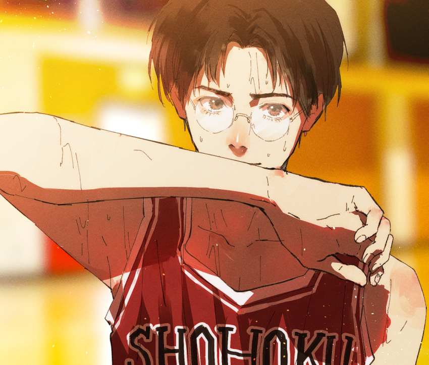 1boy blurry blurry_background brown_eyes brown_hair collarbone eyelashes fingernails glasses kogure_kiminobu kurosujuu looking_at_viewer male_focus red_tank_top round_eyewear short_hair slam_dunk_(series) solo sweat tank_top upper_body wiping_face
