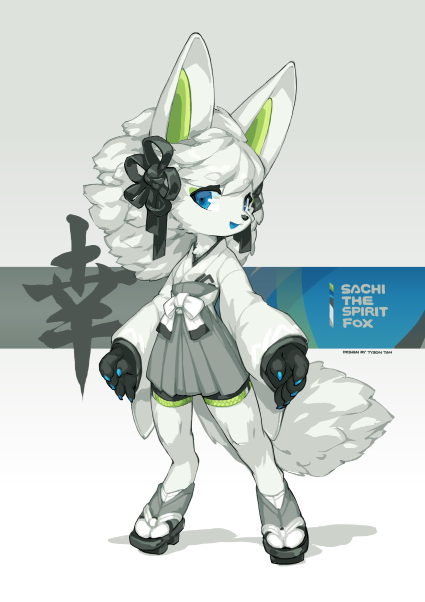 1girl absurdres animal_ears bike_shorts blue_eyes blue_nails blue_tongue chest_tuft chinese_commentary chinese_text colored_tongue commentary english_commentary eyeliner flat_chest flower_knot fluffy_hair fox fox_ears fox_girl fox_tail furry furry_female geta green_eyeliner grey_fur grey_hair hakama hakama_short_skirt hakama_skirt highres japanese_clothes kimono kosode krita_(medium) long_hair looking_at_viewer makeup mascot miko original sachi_the_spirit_fox signature simple_background skirt socks spirit_animals_in_disguise standing tail three_quarter_view tyson_tan