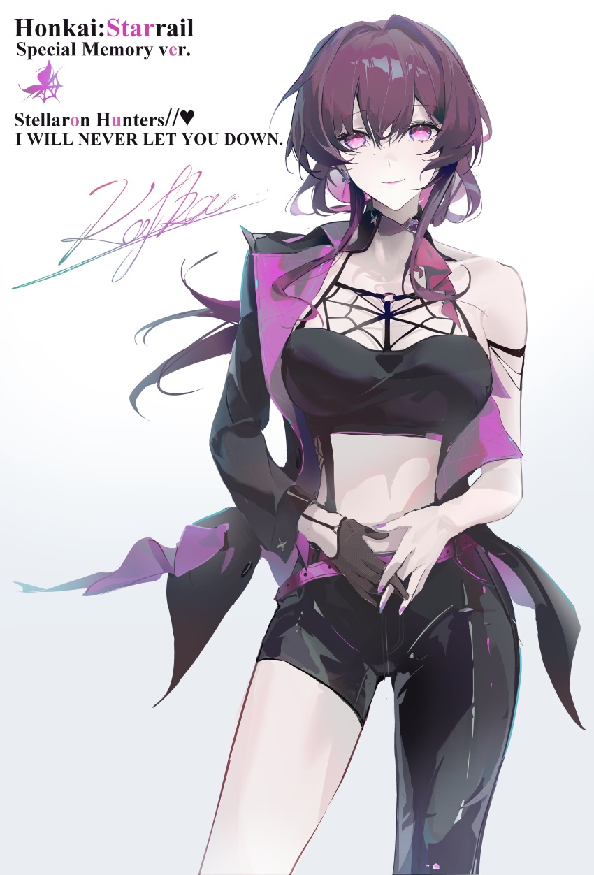 1girl absurdres alternate_costume asymmetrical_pants belt black_jacket black_pants breasts character_name character_signature chinese_commentary commentary commentary_request cowboy_shot earrings english_commentary english_text fishnet_gloves fishnets gloves grey_background hair_between_eyes highres honkai:_star_rail honkai_(series) jacket jacket_partially_removed jewelry kafka_(honkai:_star_rail) large_breasts long_hair looking_at_viewer midriff mixed-language_commentary open_clothes open_jacket own_hands_together pants purple_belt purple_eyes purple_hair refa sidelocks simple_background single_bare_shoulder single_glove smile solo spider_web_print standing