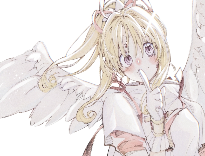 1girl angel_wings blonde_hair blush commentary_request feathered_wings finger_to_mouth forehead_jewel gloves high_ponytail highres kaitou_jeanne kamikaze_kaitou_jeanne long_hair looking_at_viewer magical_girl ponytail purple_eyes shirt simple_background solo takeuchi_(a3) white_background white_gloves white_shirt white_wings wings