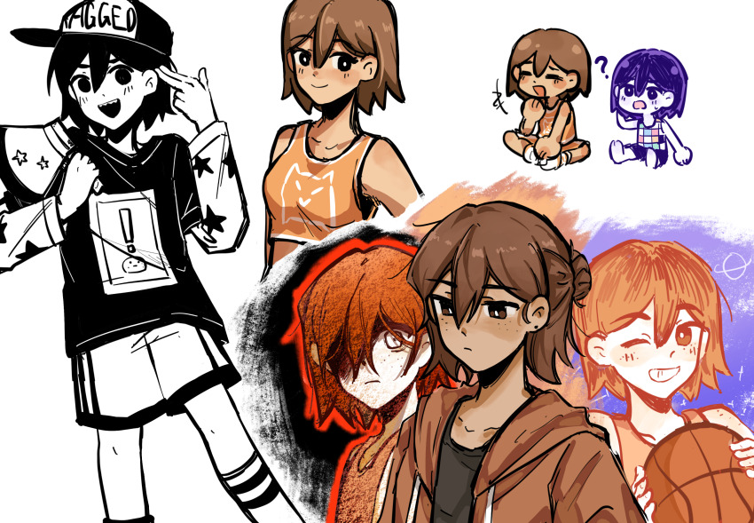 +++ 1girl 6+boys :d ;d ? ^_^ alternate_universe angry axe bailan1130 ball bare_shoulders baseball_cap basketball_(object) black_shirt breasts bright_pupils chibi chibi_inset chinese_commentary closed_eyes closed_mouth collarbone colored_skin commentary_request double-parted_bangs feet_out_of_frame finger_gun finger_gun_to_head freckles frown genderswap genderswap_(mtf) grin hair_behind_ear hair_between_eyes hair_bun hat hector_(omori) highres holding holding_axe holding_ball hood hood_down hooded_jacket jacket kel_(faraway)_(omori) kel_(headspace)_(omori) kel_(omori) kneehighs layered_sleeves long_sleeves multiple_boys multiple_persona omori one_eye_closed open_clothes open_jacket open_mouth orange_eyes orange_hair orange_jacket orange_tank_top outline purple_eyes purple_hair red_outline sharp_teeth shirt short_hair short_over_long_sleeves short_sleeves shorts simple_background single_hair_bun sitting small_breasts smile socks star_(symbol) star_print tank_top teeth upper_body upper_teeth_only white_background white_eyes white_pupils white_skin