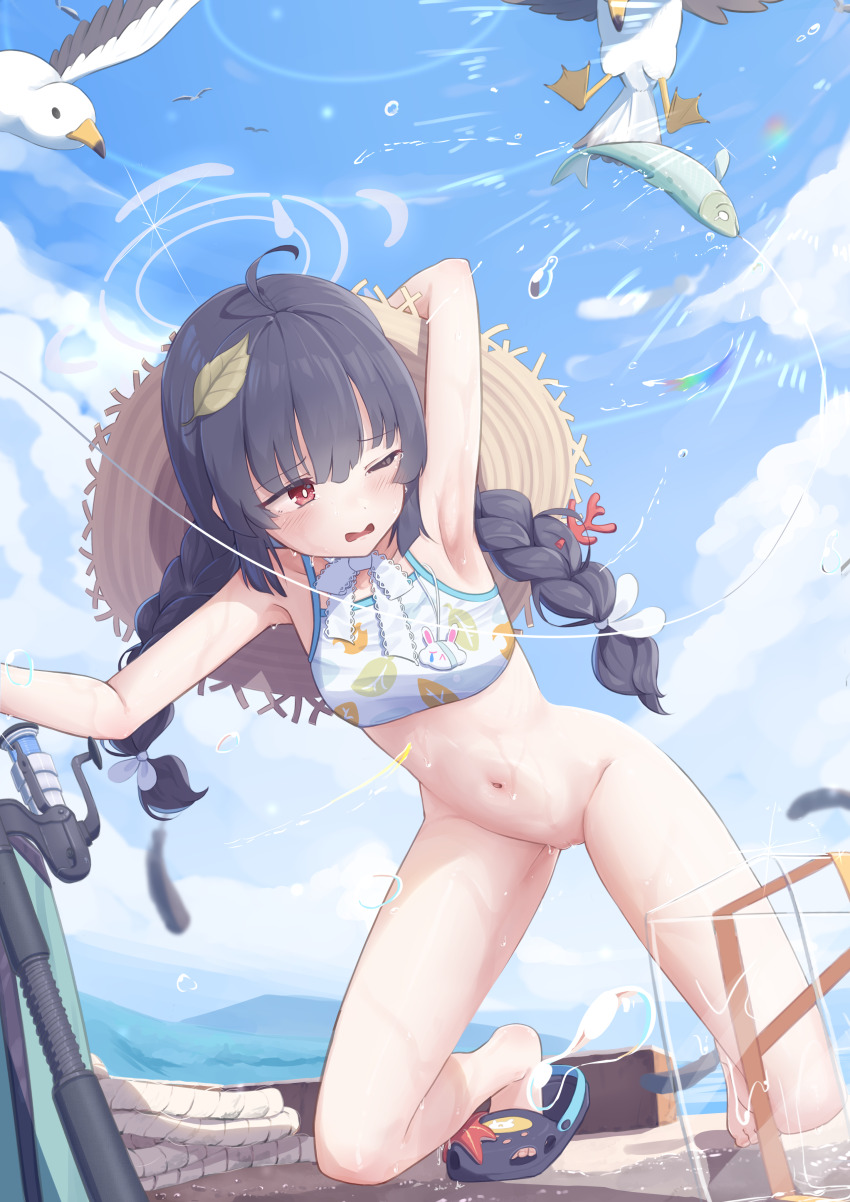 1girl absurdres ahoge arm_up bikini bird black_footwear black_hair blue_archive blue_sky blush bottomless breasts brown_hat chinese_commentary cleft_of_venus commentary_request coral crocs grey_halo groin halo hat hat_on_back highres kneeling leaf_print miyu_(blue_archive) miyu_(swimsuit)_(blue_archive) navel official_alternate_costume one_eye_closed outdoors parted_lips petite print_bikini pussy red_eyes sky small_breasts solo starfish straw_hat swimsuit t-hou wavy_mouth white_bikini
