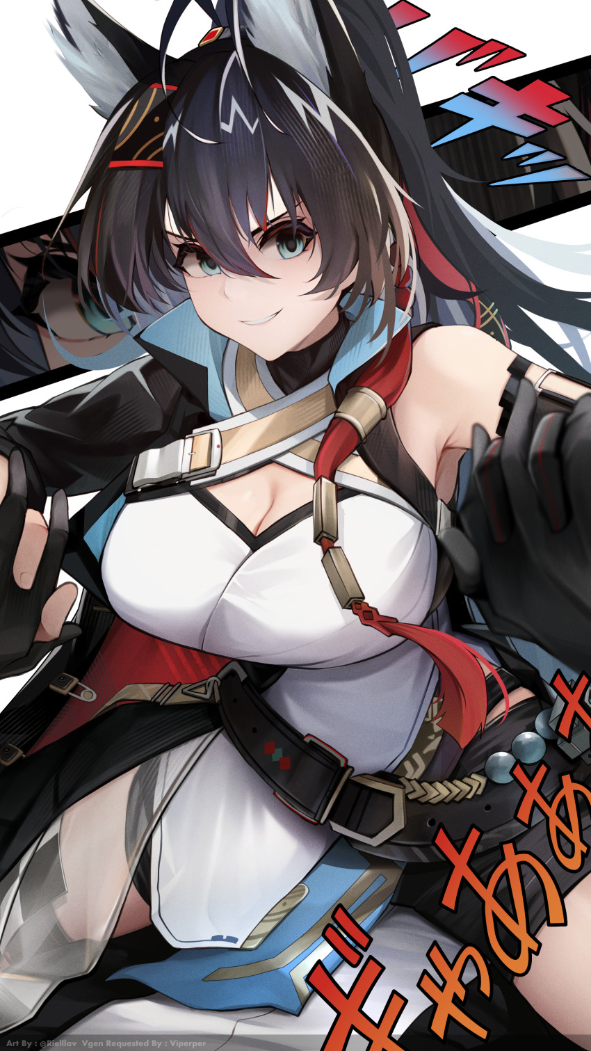 1girl 1other absurdres animal_ears arknights bare_shoulders black_gloves black_hair black_shorts blaze_(arknights) blaze_the_igniting_spark_(arknights) blue_eyes breasts cat_ears cat_girl cleavage dress gloves highres large_breasts lavriell long_hair looking_at_viewer on_person parted_lips pov pov_hands shorts smile solo solo_focus white_dress zoom_layer