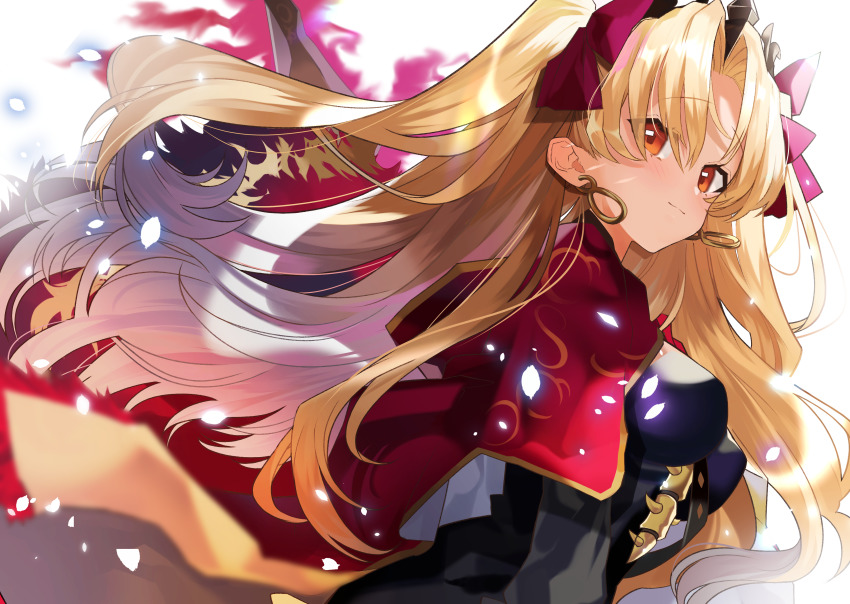 1girl absurdres black_dress black_headwear blonde_hair cape closed_mouth dress earrings ereshkigal_(fate) fate/grand_order fate_(series) hair_ribbon highres infinity_symbol jewelry light_particles long_hair long_sleeves looking_at_viewer motion_blur parted_bangs pomu_(pomu_me) print_cape purple_ribbon red_cape red_eyes ribbon smile solo standing tiara two-sided_cape two-sided_fabric two_side_up white_background wind