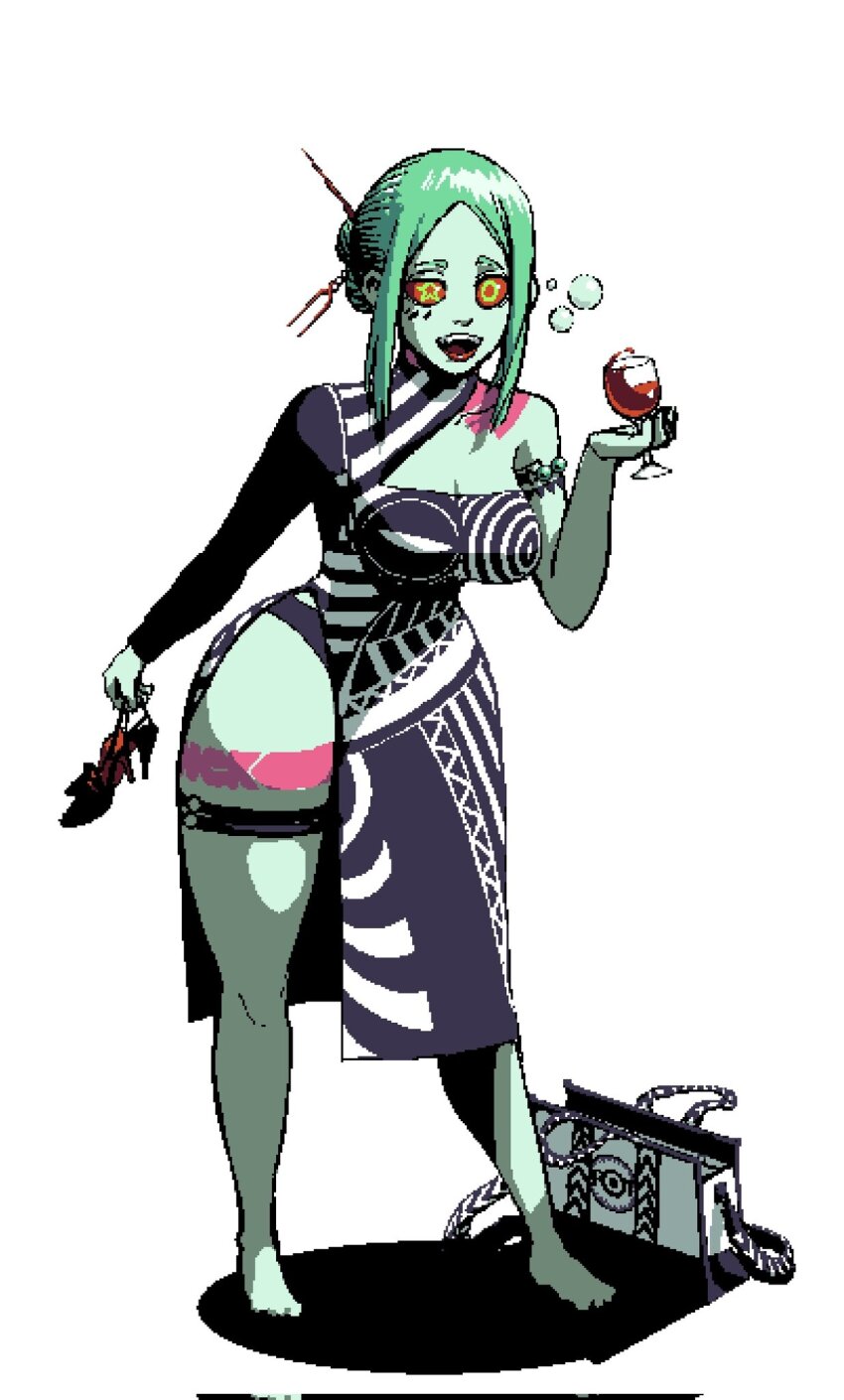 alva_(artofalva) bag colored_sclera cup cyberpunk_(series) cyberpunk_edgerunners dress drinking_glass drunk feet green_hair hair_ornament hairpin highres holding holding_shoes holding_unworn_clothes pixel_art rebecca_(cyberpunk) red_sclera revealing_clothes shoes simple_background smile sunflowerpot unworn_shoes white_background wide_hips wine_glass