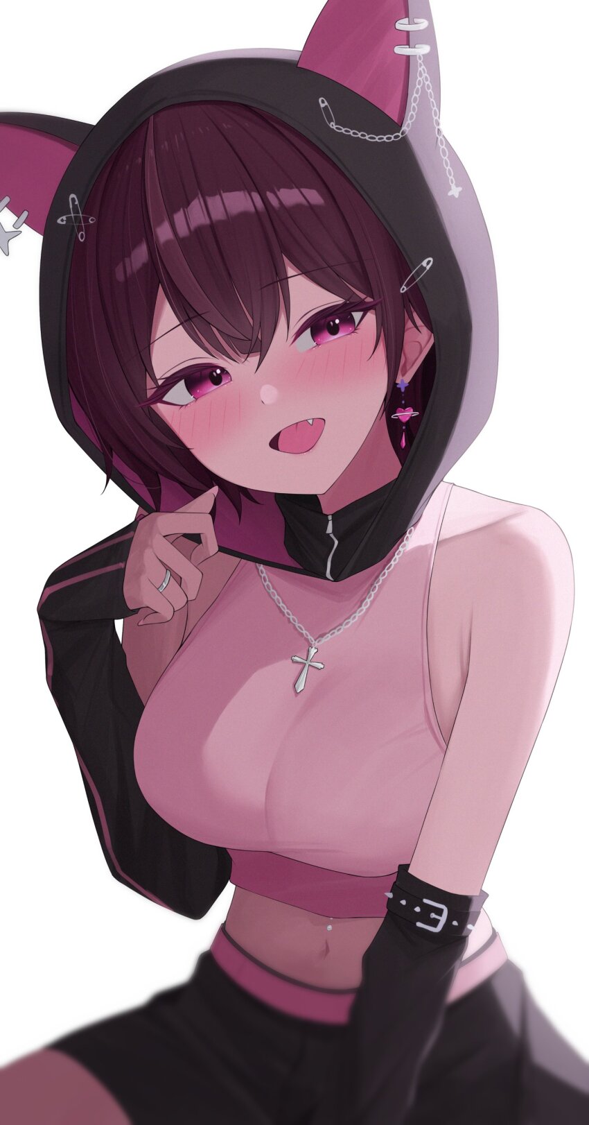 1girl absurdres animal_ears animal_hood arm_warmers armpit_crease bare_shoulders breasts crop_top fake_animal_ears fang hand_up highres hood hoodie jewelry jururu looking_at_viewer medium_breasts midriff multicolored_hair navel necklace open_mouth pink_hoodie purple_eyes purple_hair ring sei_(0724sei6) short_hair simple_background sitting sleeveless sleeveless_hoodie smile solo streaked_hair virtual_youtuber waktaverse white_background