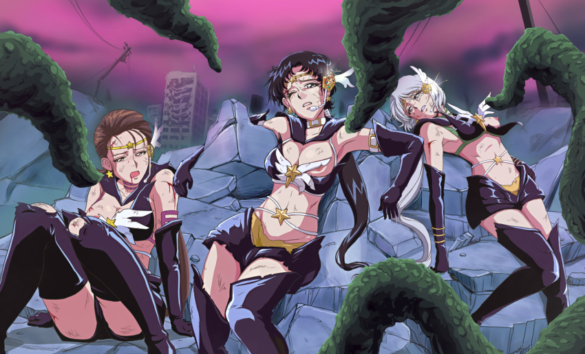 3girls bishoujo_senshi_sailor_moon bishoujo_senshi_sailor_moon_sailor_stars bishoujo_senshi_sailor_moon_stars black_legwear blood blue_eyes blush boots breasts brown_eyes brown_hair defeat earrings groin highres imminent_rape jewelry large_breasts multiple_girls open_mouth panties sailor_star_fighter sailor_star_healer sailor_star_maker seiya_kou short_hair shorts small_breasts star_(symbol) star_earrings taiki_kou tare-katsu tentacles thigh_boots thighhighs tiara torn_clothes underwear white_hair yaten_kou yellow_pupils