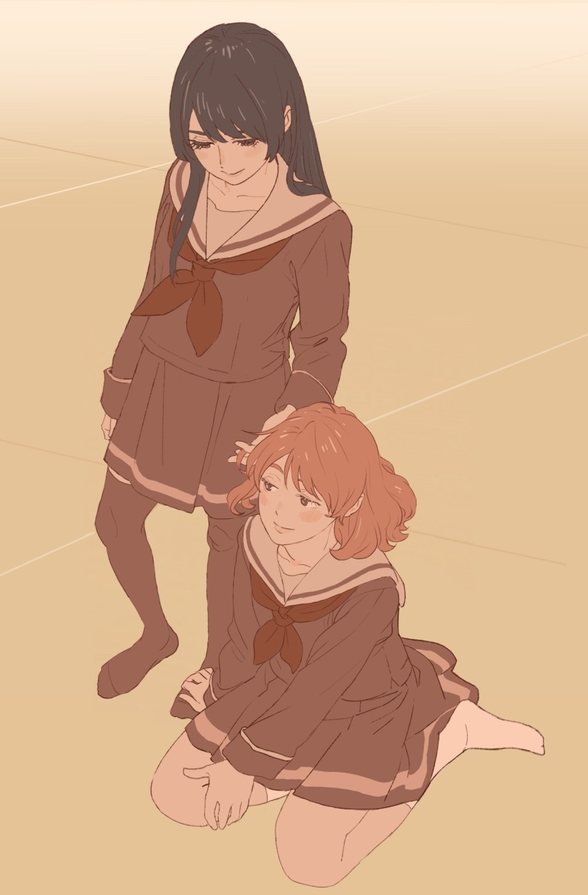 2girls 55bata6rou black_hair black_pantyhose brown_eyes brown_hair brown_serafuku brown_shirt brown_skirt closed_mouth full_body hand_on_another&#039;s_foot hibike!_euphonium highres holding_another&#039;s_hair kitauji_high_school_uniform kousaka_reina long_hair long_sleeves looking_at_another looking_down multiple_girls neckerchief no_shoes on_ground oumae_kumiko pantyhose pleated_skirt red_neckerchief sailor_collar school_uniform serafuku shirt short_hair skirt smile socks white_sailor_collar white_socks winter_uniform