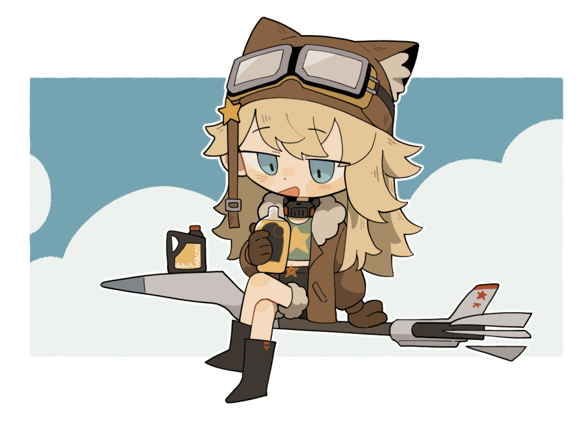 1girl animal_ear_headwear aviator_cap aviator_goggles black_boots black_gloves blonde_hair blue_eyes blue_sky boots border bottle broom broom_riding brown_hat brown_jacket brown_shorts chibi cloud cloudy_sky crossed_legs daku_k fake_animal_ears full_body gloves goggles goggles_on_headwear green_shirt hat holding holding_bottle jacket lilya_(reverse:1999) long_hair looking_down mask mask_around_neck mechanical_broom open_mouth outside_border oxygen_mask reverse:1999 shirt shorts sidesaddle sky solo white_border wine_bottle