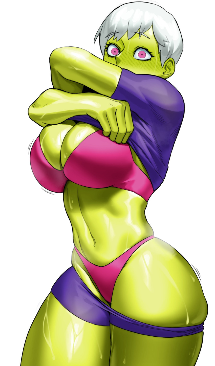 1girl absurdres blush bra breasts caught cheelai cleavage clothes_lift clothes_pull colored_skin commentary constricted_pupils covered_mouth dragon_ball dragon_ball_super dragon_ball_super_broly green_skin highres large_breasts lifting_own_clothes looking_at_viewer navel open_mouth panties pink_bra pink_eyes pink_panties purple_shirt purple_shorts ragon_ball shirt shirt_lift short_hair short_sleeves shorts shorts_pull solo standing surprised sweat thick_thighs thighs thong toned underwear undressing white_background white_hair wide-eyed wide_hips