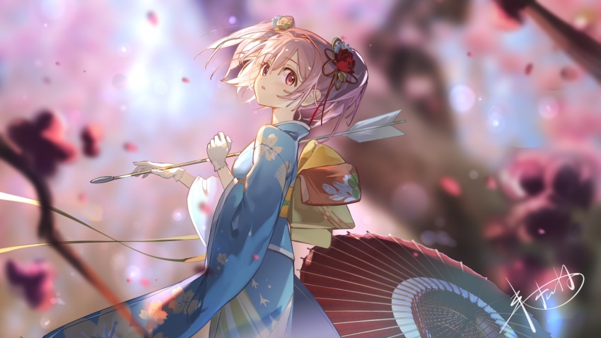 1girl alternate_costume arrow_(projectile) blue_kimono blurry blurry_background cowboy_shot falling_petals floral_print flower from_side gloves hair_flower hair_ornament hamaya highres holding holding_arrow japanese_clothes kaname_madoka kimono looking_at_viewer mahou_shoujo_madoka_magica mahou_shoujo_madoka_magica_(anime) obi oil-paper_umbrella parted_lips petals pink_hair sash shan_tong_tong short_hair short_twintails signature solo twintails umbrella white_gloves wide_sleeves yukata