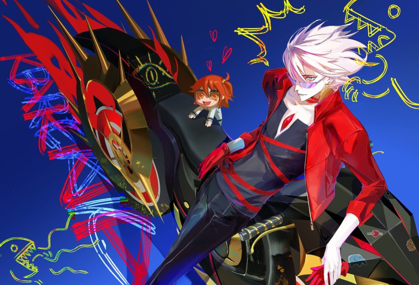 1boy 1girl absurdres ahoge black_pants blue_eyes chaldea_uniform character_name chest_jewel chibi earrings eyeshadow fate/grand_order fate_(series) feet_out_of_frame fujimaru_ritsuka_(female) glasses gloves gold_earrings hair_ornament hair_scrunchie heart highres holding_gloves holding_unworn_clothes jacket jewelry leaning leaning_against_motorcycle long_sleeves looking_at_viewer makeup motor_vehicle motorcycle one_side_up open_clothes open_jacket open_mouth orange_eyes orange_hair pale_skin pants red_eyeshadow red_gloves red_jacket scrunchie short_hair side_ponytail single_earring single_glove siyemmm smile solo_focus spiked_hair spikes sunglasses unworn_gloves white_background