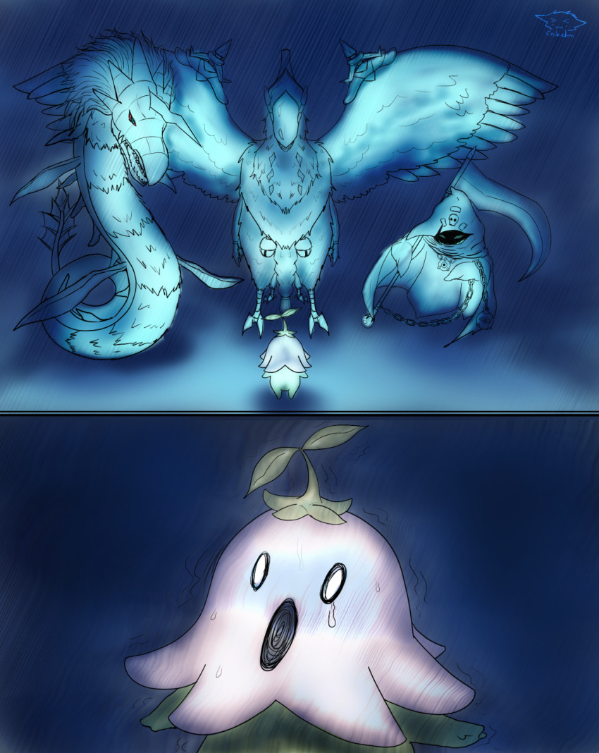 digimon digimon_(creature) fantomon highres horns lalamon looking_at_another megaseadramon scythe waruseadramon wings yatagaramon_(digimon_savers)