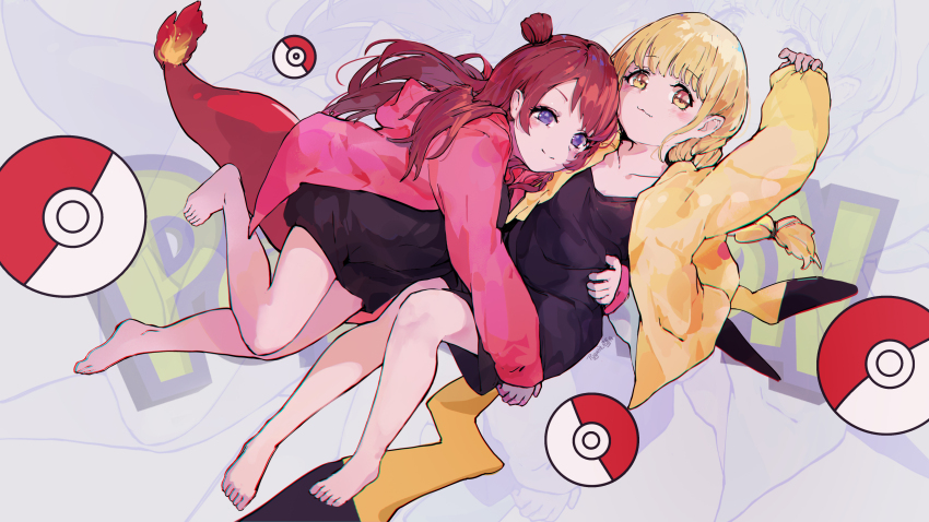 2girls absurdres bare_legs barefoot black_dress blonde_hair blush charmander collarbone dress fujita_kotone full_body gakuen_idolmaster gen_1_pokemon hanami_saki highres hood hooded_jacket hug idolmaster jacket looking_at_viewer multiple_girls nintendo pikachu pink_jacket poke_ball pokemon pugwit red_hair smile toes yellow_jacket yuri
