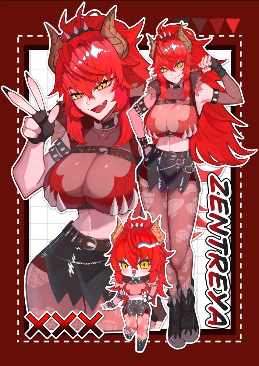 1girl black_gloves black_nails black_skirt breasts chibi cleavage dragon_girl dragon_horns fingerless_gloves gloves highres horns indie_virtual_youtuber large_breasts long_hair looking_at_viewer nail_polish pantyhose red_hair red_tube_top sidelocks skirt smile solo strapless timu4274 torn_clothes torn_pantyhose tube_top virtual_youtuber yellow_eyes zentreya zentreya_(dragon) zentreya_(dragon)_(1st_costume)