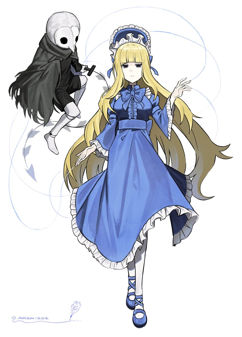 1boy 1girl absurdres asdf1211950 black_cape black_shirt black_shorts black_souls black_souls_2 blonde_hair blue_bonnet blue_bow blue_bowtie blunt_bangs bonnet bow bowtie breasts cape center_frills doll_alice_(black_souls) doll_joints frilled_sleeves frills full_body hair_bow highres joints large_breasts long_hair looking_at_viewer lorde_(black_souls) puppet_strings role_reversal shirt shorts sidelocks simple_background very_long_hair weapon whip_sword white_background wide_sleeves