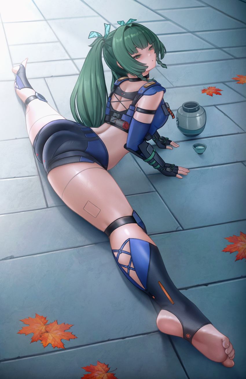 1girl :o absurdres alcohol android arched_back arm_support ass back_cutout black_choker black_gloves black_shorts black_socks blue_bustier blue_ribbon blue_shorts blue_sleeves bottle choker clothing_cutout crop_top detached_sleeves feet fingerless_gloves from_side gloves green_eyes green_hair hair_intakes hair_ribbon highres joints knee_pads kneehighs leaf long_hair long_legs looking_at_viewer lying midriff on_floor on_stomach police police_uniform policewoman puppnet qingyi_(zenless_zone_zero) ribbon robot_joints sake sake_bottle shorts socks soles solo split spread_legs stirrup_legwear stone_floor thighs toeless_legwear toes twintails wide_spread_legs zenless_zone_zero