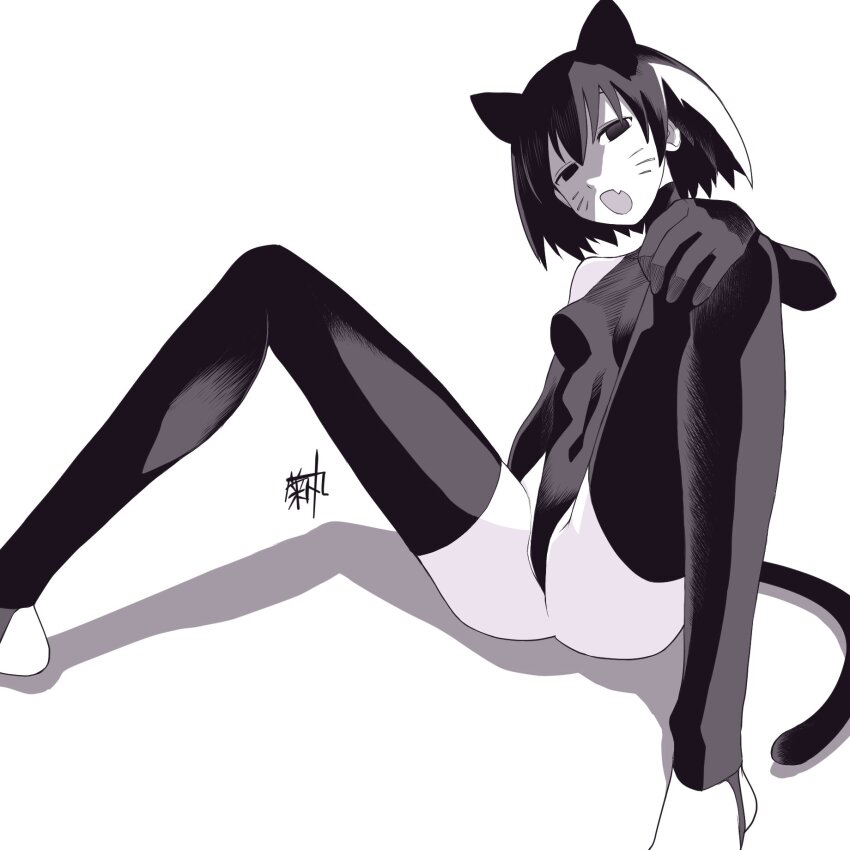1girl :o animal_ears artist_name ass bare_shoulders barefoot black_eyes black_gloves black_hair black_leotard black_thighhighs bob_cut breasts cat_ears cat_girl cat_tail commentary covered_navel drawn_whiskers empty_eyes fang gloves greyscale groin hair_between_eyes hand_on_own_knee highleg highleg_leotard highres kemonomimi_mode kikumaru_bunta leotard looking_at_viewer monochrome monogatari_(series) narrowed_eyes open_mouth oshino_ougi shadow short_hair signature simple_background skin_fang sleeveless_turtleneck_leotard small_breasts solo spread_legs stirrup_legwear tail thighhighs toeless_legwear translated turtleneck white_background wide_spread_legs