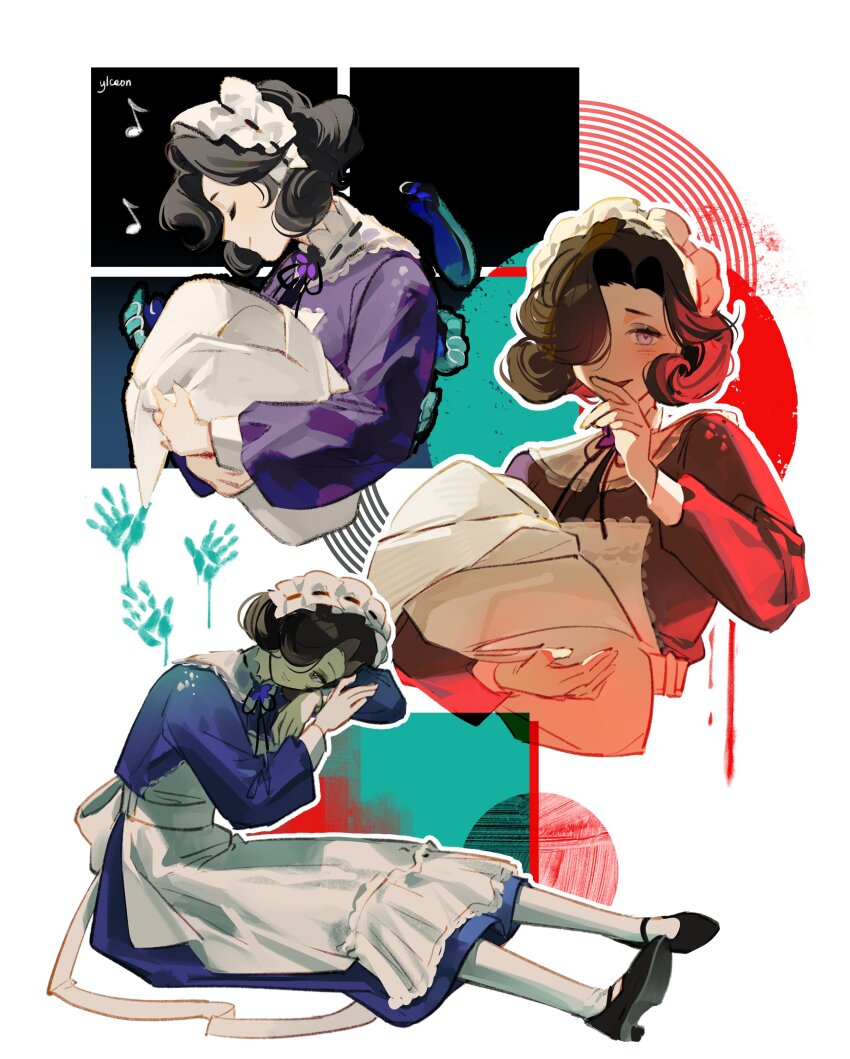 1girl :d absurdres apron arm_pillow black_footwear black_hair black_ribbon blanket closed_eyes collage covering_own_mouth dress flower full_body hair_over_one_eye hand_over_own_mouth handprint head_on_arm head_rest highres holding holding_blanket leaning_forward long_sleeves looking_at_viewer maid maid_headdress multiple_views neck_flower neck_ribbon one_eye_covered open_mouth pink_eyes profile puffy_long_sleeves puffy_sleeves purple_dress purple_flower reverse:1999 ribbon short_hair sitting smile swaddled tuesday_(reverse:1999) upper_body white_apron white_background window ylceon