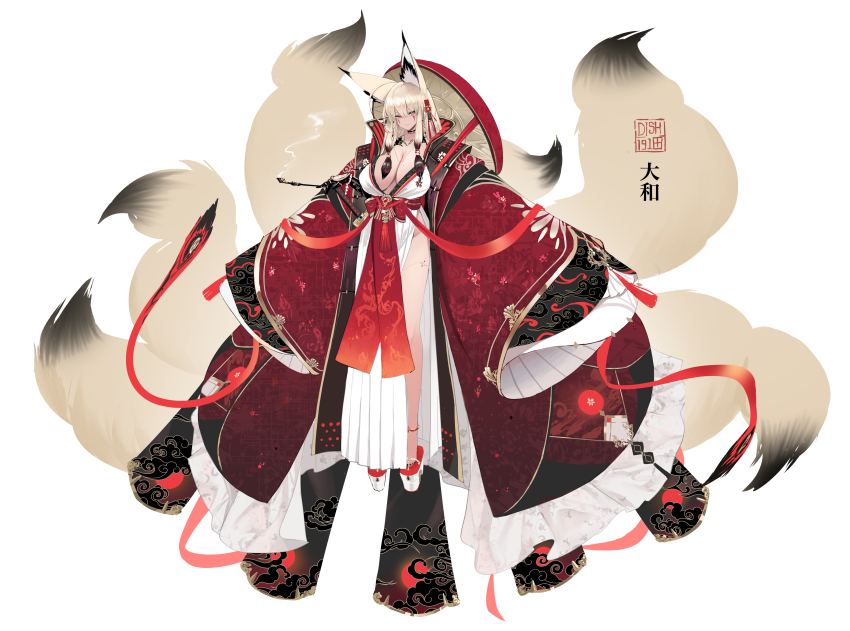 1girl absurdres animal_ear_fluff animal_ears azur_lane blonde_hair breasts cleavage commentary concept_art dishwasher1910 facial_mark fox fox_ears fox_girl fox_tail full_body gloves hair_ornament highres holding holding_smoking_pipe japanese_clothes jewelry kimono kiseru kitsune kyuubi large_breasts long_hair long_sleeves looking_at_viewer mole mole_on_breast multiple_tails obi original red_eyes ribbon robe sandals sash side_slit simple_background smoke smoking_pipe solo standing tabi tail tassel thighs white_background wide_sleeves yamato_(dishwasher1910)