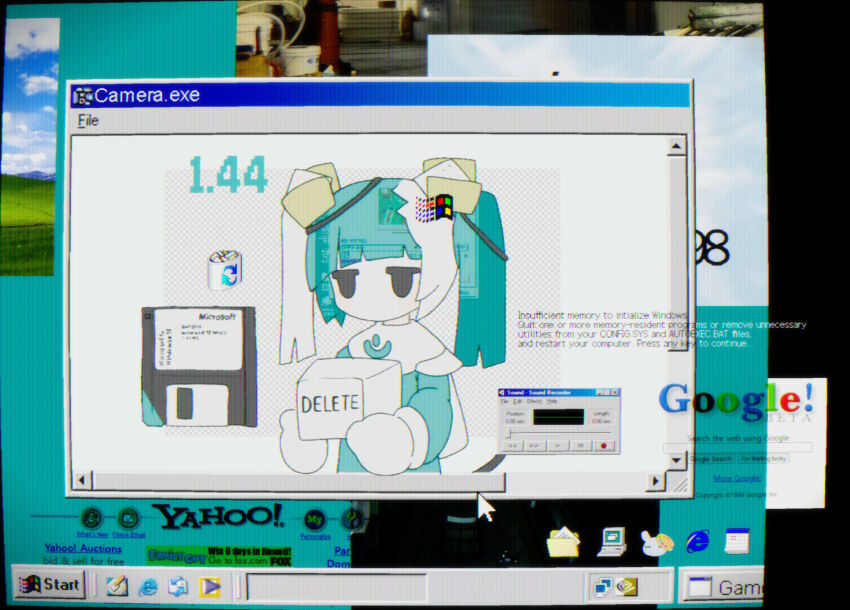1girl black_eyes blue_hair blue_shirt blush box collage_background commentary commentary_request cursor desktop_(computing) double_exposure english_commentary english_text floppy_disk folder gloves google hair_ornament highres holding holding_box icon_(computing) jitome long_hair microsoft_windows mixed-language_commentary morizo_(morizoshop) multicolored_hair no_mouth original photo_inset scanlines shirt solo twintails two-tone_hair upper_body user_interface white_gloves white_hair window_(computing) windows_95 windows_98 windows_classic windows_logo yahoo!