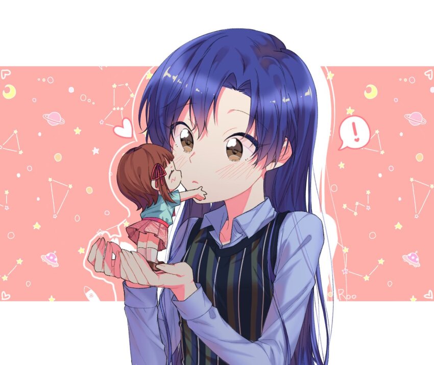 ! 2girls amami_haruka blue_hair blue_shirt blush border brown_eyes chibi closed_mouth collarbone constellation flat_chest hands_up heart idolmaster idolmaster_(classic) idolmaster_million_live! idolmaster_million_live!_theater_days kisaragi_chihaya kiss long_hair long_sleeves looking_at_another lunim_(roo_0_0) moon multicolored_vest multiple_girls outside_border pink_background rocket saturn_(planet) shirt signature speech_bubble star_(sky) striped_clothes striped_vest ufo vertical-striped_clothes vertical-striped_vest vest white_border