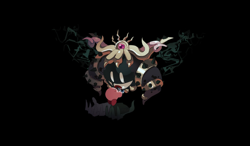 black_background colored_skin crown highres kirby kirby&#039;s_return_to_dream_land kirby_(series) looking_at_another magolor magolor_soul master_crown nintendo nt_26 pink_skin rayman_limbs red_eyes single_tear solid_oval_eyes white_eyes