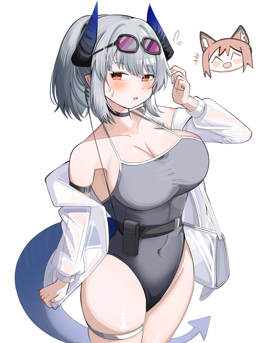 +++ 2girls :d ^_^ absurdres arknights bare_shoulders blush breasts brown_hair chibi chibi_inset cleavage closed_eyes collarbone covered_navel franka_(arknights) goggles goggles_on_head grey_hair grey_one-piece_swimsuit hair_between_eyes highres horns jacket large_breasts liskarm_(arknights) long_sleeves multiple_girls off_shoulder one-piece_swimsuit open_clothes open_jacket open_mouth ponytail puffy_long_sleeves puffy_sleeves red_eyes see-through_clothes see-through_jacket simple_background smile solo_focus spam_(spamham4506) sweat swimsuit tail white_background white_jacket