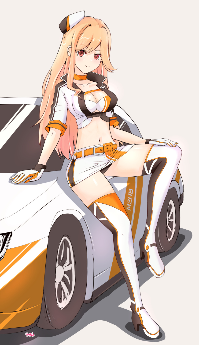 1girl absurdres belt black_panties blonde_hair boots bra breasts car choker cleavage closed_mouth crop_top cropped_jacket full_body girls&#039;_frontline gloves grey_background hat highres large_breasts leg_up long_hair m2hb_(cheers_on_the_blazing_tarmac)_(girls&#039;_frontline) m2hb_(girls&#039;_frontline) midriff mini_hat miniskirt motor_vehicle navel official_alternate_costume on_car on_vehicle orange_belt orange_choker panties pantyshot race_queen rasen_manga red_eyes skirt smile solo thigh_boots thighhighs underwear white_skirt