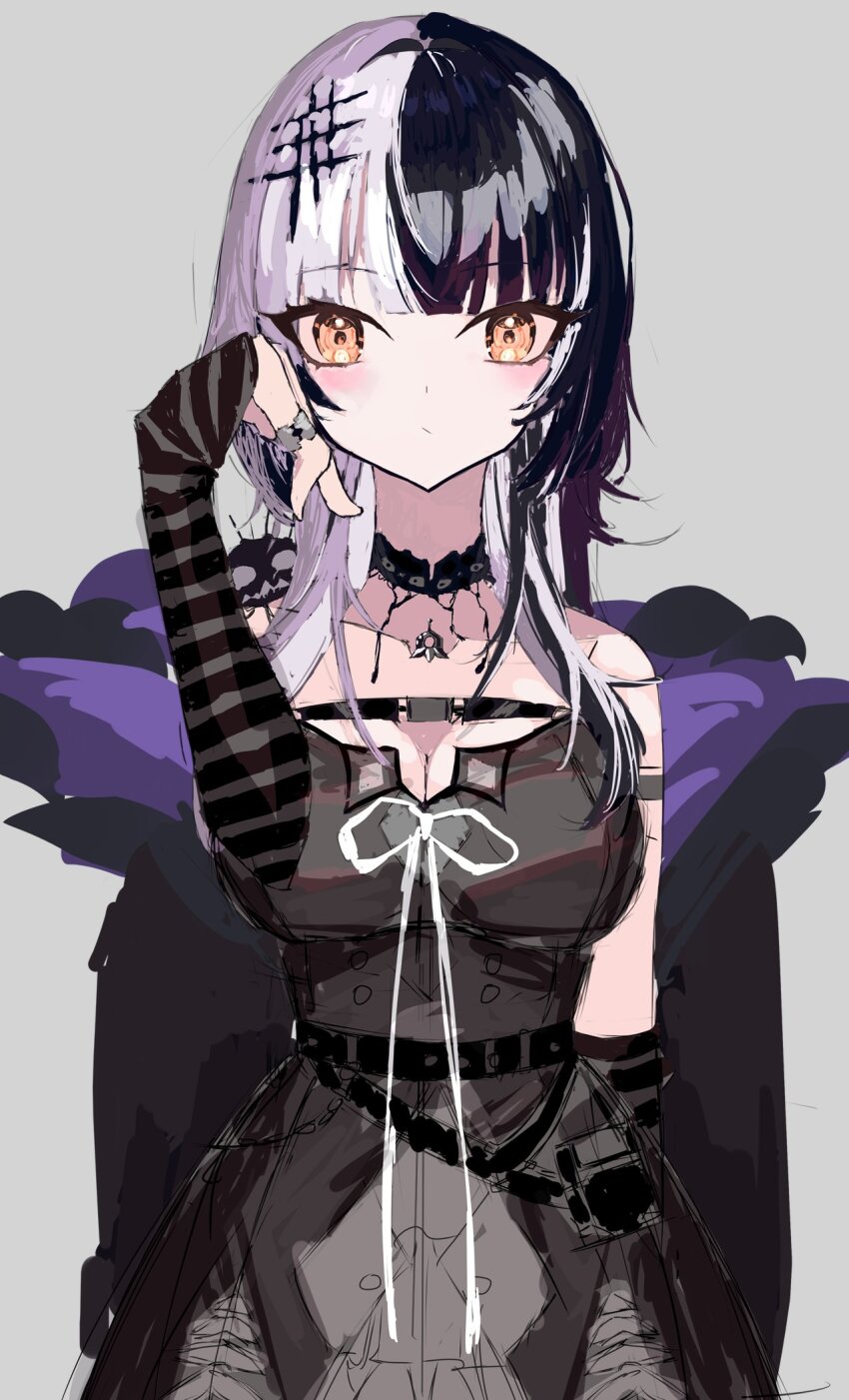 1girl arm_strap black_arm_warmers black_choker black_coat black_dress black_hair breasts choker cleavage closed_mouth coat dress grey_background grey_hair hashtag-only_commentary highres hololive hololive_english jewelry kozimo123456 large_breasts long_hair looking_at_viewer multicolored_hair ribbon ring shiori_novella shiori_novella_(1st_costume) simple_background solo split-color_hair striped_arm_warmers two-tone_hair virtual_youtuber white_ribbon yellow_eyes yorick_(shiori_novella)