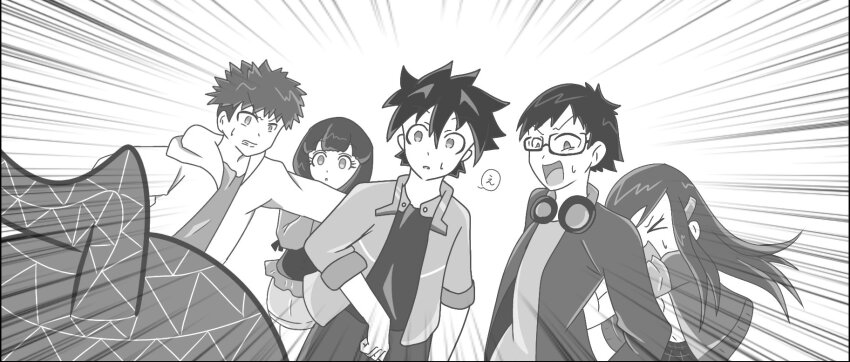 2girls 3boys digimon digimon_rearise glasses greyscale headphones headphones_around_neck highres hiiragi_takumi kohinata_mayu looking_at_another male_protagonist_(digimon_rearise) monochrome multiple_boys multiple_girls shinjo_michi spiral_(digimon) tamada_keito