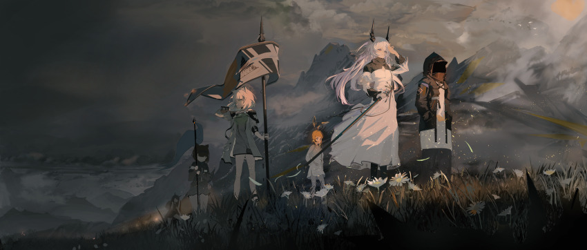 1other 4girls absurdres amiya_(arknights) amiya_(young)_(arknights) animal_ears arknights black_jacket cat_ears demon_horns doctor_(arknights) dress fashi_laizi_weilai field flag flower grass green_dress hair_between_eyes highres holding holding_flag hood hood_up hooded_jacket horns jacket kal&#039;tsit_(arknights) landscape long_hair long_sleeves mountainous_horizon multiple_girls open_clothes pink_hair rabbit_girl scenery shirt short_hair theresa_(arknights) white_dress white_flower white_shirt wide_shot