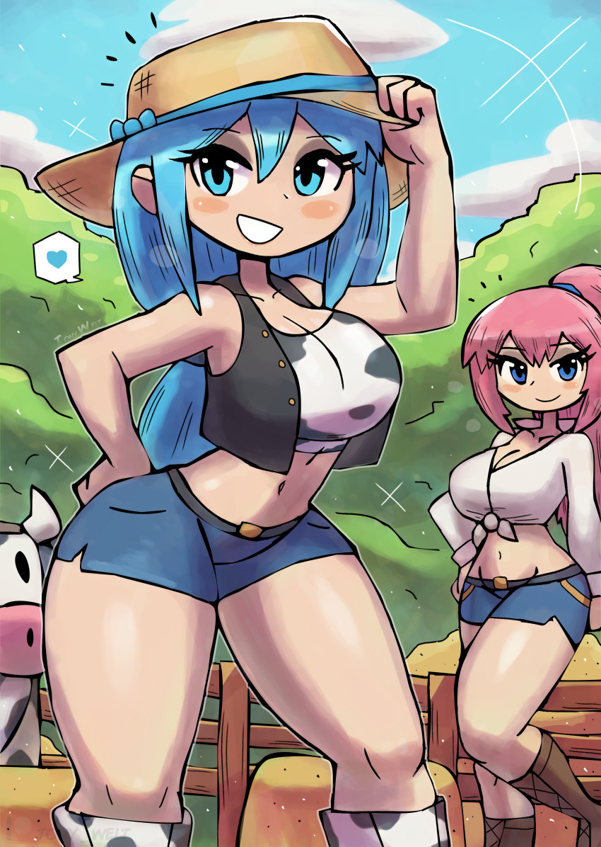 2girls absurdres animal animal_print belt black_belt black_vest blue_bow blue_eyes blue_hair blue_shorts blush boots bow breasts brown_boots cleavage cloud collarbone cow cow_print denim denim_shorts farm farmer fence grin hand_on_own_hip hat hat_bow hatsune_miku hay haystack heart highres large_breasts long_hair long_sleeves looking_at_viewer megurine_luka midriff multiple_girls navel open_clothes open_vest pink_hair ponytail print_boots print_shirt shirt shorts sky smile sparkle speech_bubble spoken_heart standing straw_hat tank_top teeth thick_thighs thighs tony_welt tree vest vocaloid white_boots white_shirt wide_hips wooden_fence yellow_hat