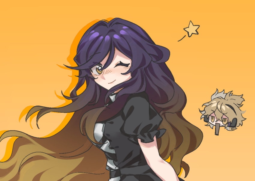 2girls hijiri_byakuren long_hair looking_at_viewer looking_back multiple_girls purple_hair smile touhou toyosatomimi_no_miko upper_body wavy_hair xiao_ganju_nailuo yellow_background
