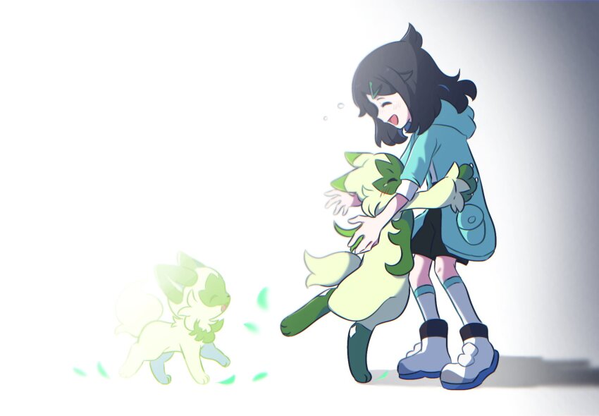 1girl black_hair black_shorts blue_jacket closed_eyes commentary english_commentary floragato hair_ornament hairclip highres hood hooded_jacket hug jacket leaf liko_(pokemon) ni12345670 nintendo pokemon pokemon_(anime) pokemon_(creature) pokemon_horizons shoes shorts sneakers socks sprigatito white_socks