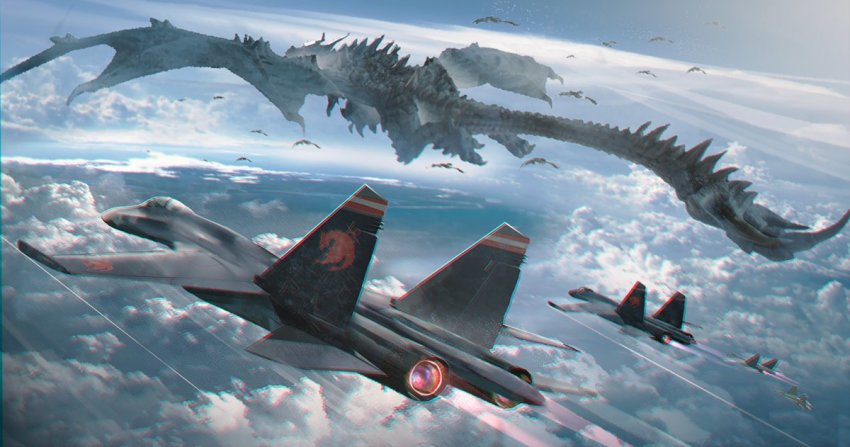 above_clouds cloud commentary dragon emblem fantasy horizon no_humans original outdoors su-35 swav