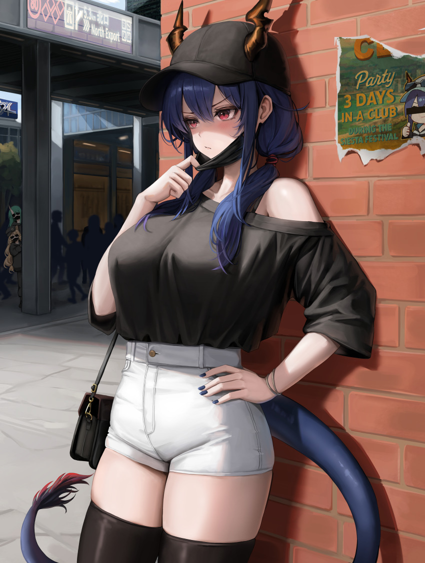 3girls absurdres arknights baseball_cap black_hat black_mask black_shirt black_thighhighs blonde_hair blue_hair blue_tail breasts brick_wall brown_horns ch&#039;en_(arknights) closed_mouth commentary_request dragon_girl dragon_horns dragon_tail drizz green_hair hair_between_eyes hand_on_own_hip hat high-waist_shorts highres horns hoshiguma_(arknights) large_breasts looking_ahead mask mask_pull mouth_mask multiple_girls peeking_out people poster_(object) pulling_own_clothes red_eyes shirt shirt_tucked_in short_shorts short_sleeves shorts single_bare_shoulder single_off_shoulder skindentation stalking swire_(arknights) tail thick_thighs thighhighs thighs v-shaped_eyebrows waiting white_shorts