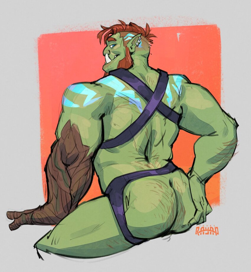 1boy ass ass_grab bara beard beard_stubble butt_crack chest_harness earrings facial_hair from_behind full_beard gradient_skin hair_tattoo hairy harness highres jewelry male_focus mature_male monster_boy muscular muscular_male orc original pointy_ears presenting presenting_ass short_hair solo sparse_ass_hair stubble thick_beard thick_eyebrows thighs tsurime tusks tuskyrayan undercut wooden_arm zargaron_(rosegorc)