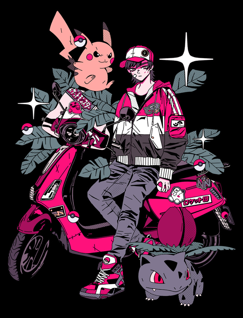 1boy arkestar black_background black_shirt clefairy closed_mouth full_body game_console gen_1_pokemon gen_2_pokemon highres holding holding_poke_ball ivysaur jacket long_sleeves male_focus motor_vehicle motorcycle nintendo nintendo_64 pikachu poke_ball poke_ball_(basic) pokemon pokemon_(creature) pokemon_rgby pokemon_tower_ghost red_(pokemon) shirt simple_background sneaker sparkle striped_clothes striped_jacket translation_request unown unown_e