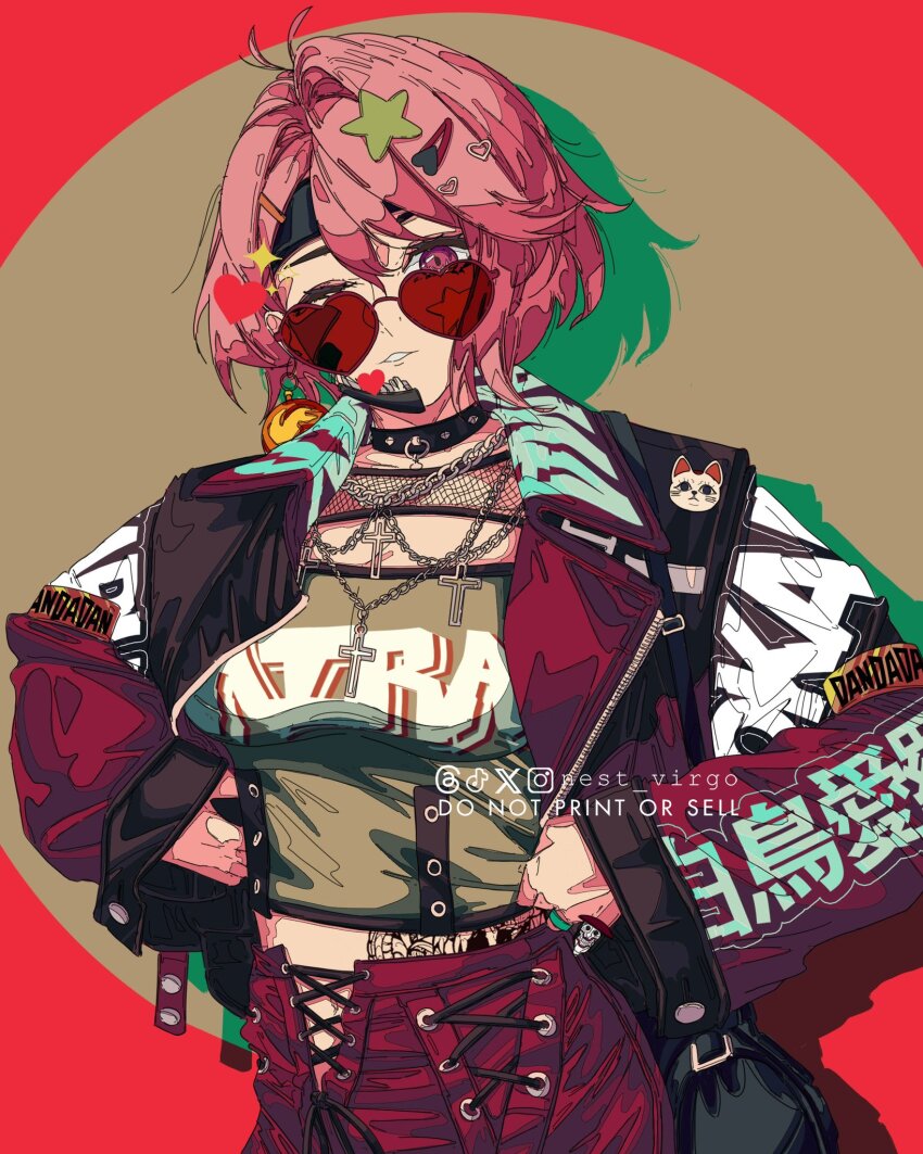 1girl alternate_costume artist_name black_choker black_headband choker cowboy_shot dandadan hair_between_eyes headband heart heart-shaped_eyewear highres jacket jewelry looking_at_viewer necklace nest_virgo one_eye_closed open_clothes open_jacket parted_lips pink_eyes pink_hair shadow shiratori_aira_(dandadan) short_hair sidelocks solo sunglasses