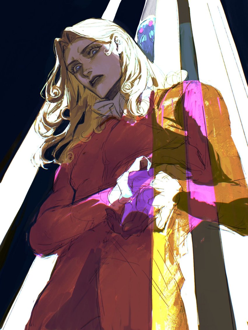 2boys blonde_hair blue_eyes collar curly_hair frilled_collar frilled_sleeves frills funny_valentine gloves hand_on_own_chest highres jojo_no_kimyou_na_bouken lipstick long_hair makeup male_focus multiple_boys puppetjackmj scared stand_(jojo) steel_ball_run tusk_(stand) tusk_act4