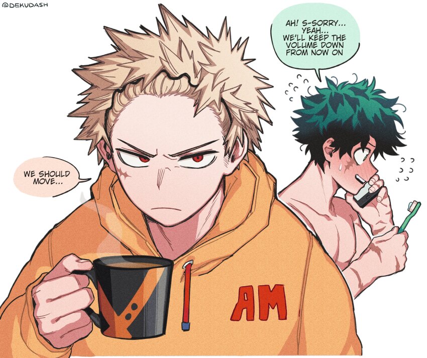 2boys absurdres bakugou_katsuki blonde_hair blush boku_no_hero_academia cellphone closed_mouth cup dekudash english_text green_eyes green_hair highres holding holding_cup holding_phone holding_toothbrush hood hoodie implied_yaoi looking_at_viewer male_focus midoriya_izuku multiple_boys multiple_scars nipples nude orange_hoodie phone protected_link red_eyes scar scar_on_arm scar_on_face scar_on_hand short_hair simple_background smartphone speech_bubble spiked_hair talking_on_phone toothbrush twitter_username white_background