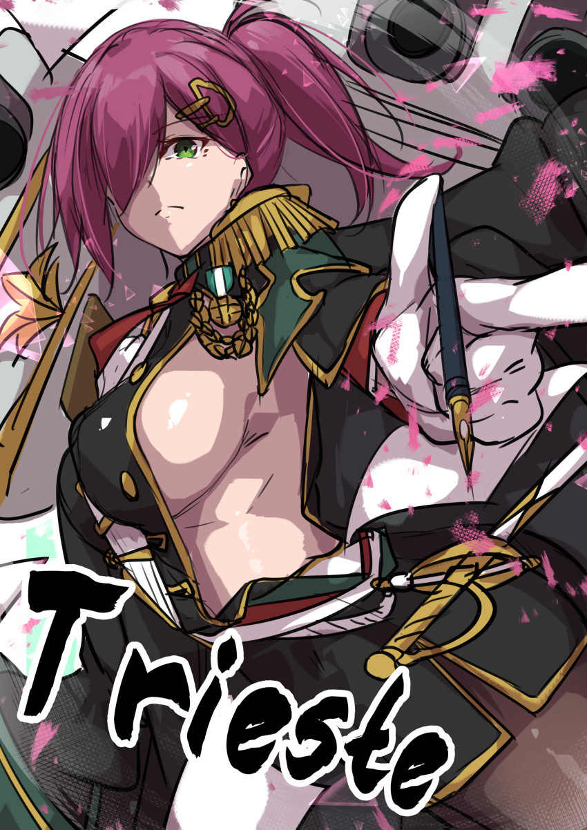 1girl absurdres aiguillette azur_lane breasts character_name closed_mouth epaulettes gloves green_eyes hair_over_one_eye high_ponytail highres holding holding_pen large_breasts medium_hair military_uniform oriue_wato pen ponytail purple_hair rigging ship_turret sideboob solo trieste_(azur_lane) white_gloves