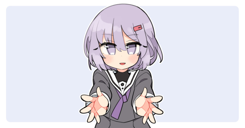 1girl a.i._voice blush border closed_mouth foreshortening grey_shirt hair_between_eyes ini_(inunabe00) long_sleeves necktie outline outside_border purple_background purple_eyes purple_hair purple_necktie reaching reaching_towards_viewer sailor_collar shirt short_hair simple_background solo upper_body vocaloid voiceroid white_border white_outline white_sailor_collar yuzuki_yukari yuzuki_yukari_(shizuku)