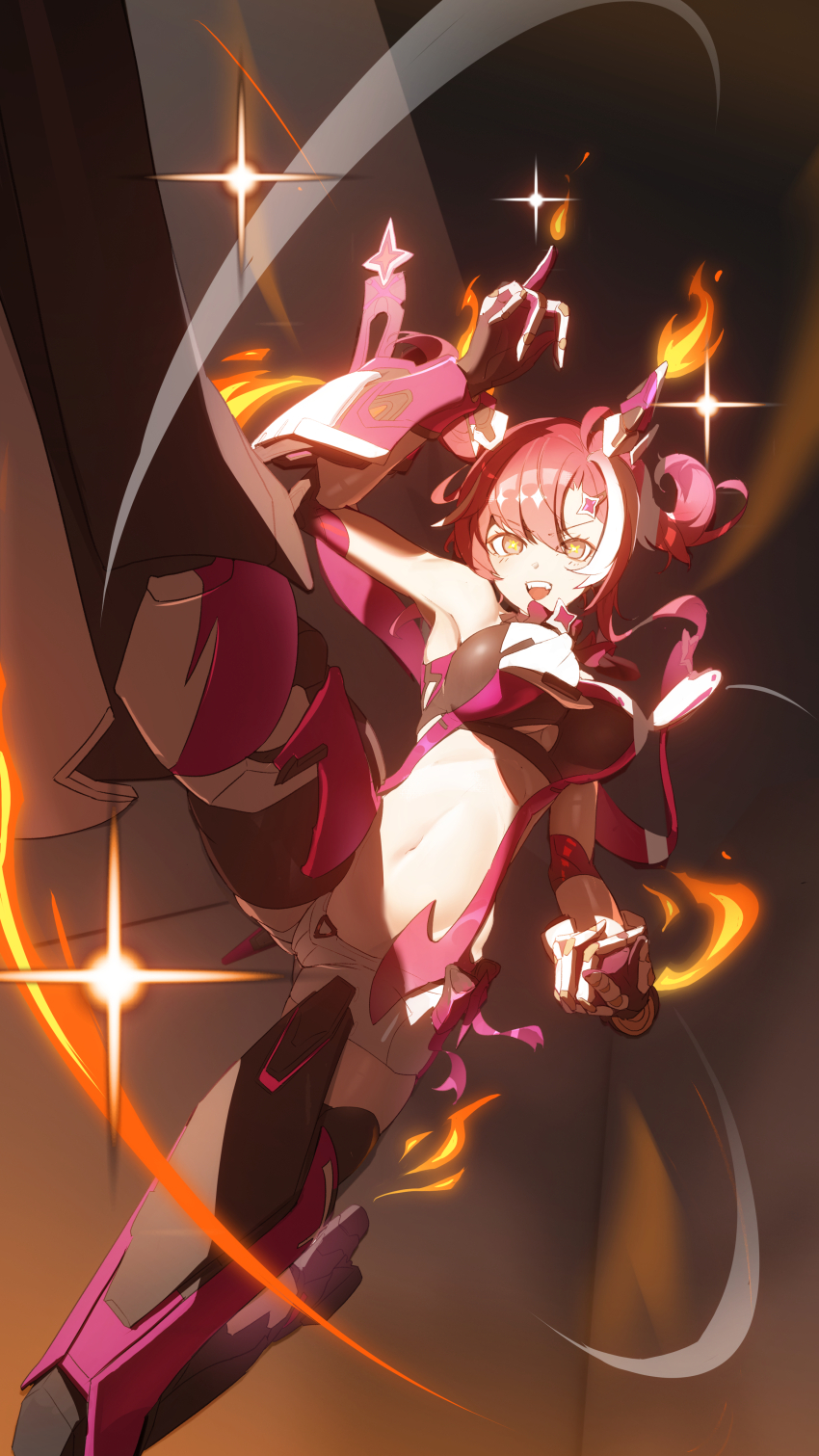 1girl absurdres armored_boots armored_gloves bare_shoulders boots commentary_request eika_(strinova) fire highres leg_up navel open_mouth red_hair short_shorts shorts smile solo sparkle strinova symbol-shaped_pupils teeth upper_teeth_only v-shaped_eyebrows white_hair white_shorts white_streaks yuyiosang