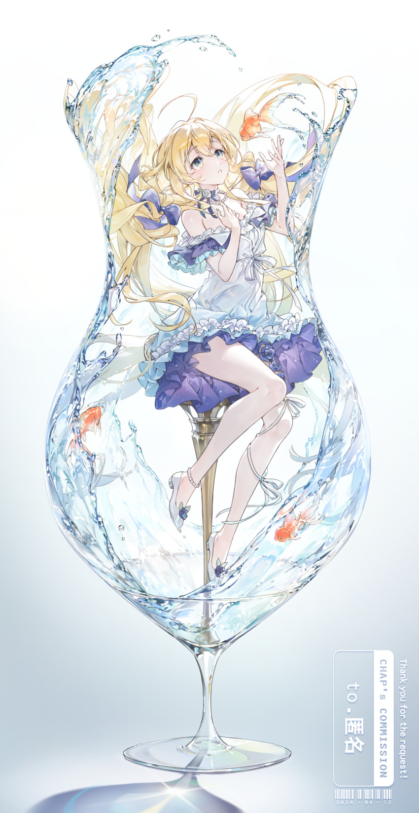 1girl absurdres artist_name barcode blonde_hair blue_eyes chap_sal_! commission cup dated dress drinking_glass fish flower footwear_flower frilled_dress frills goldfish gradient_background hand_on_own_chest highres in_container jewelry long_hair looking_at_animal necklace off-shoulder_dress off_shoulder original oversized_object parted_lips pearl_anklet pearl_necklace pixiv_commission sitting solo water