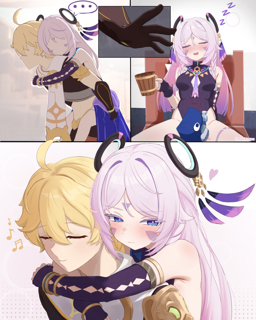 ... 1boy 1girl aether_(genshin_impact) ahoge arm_around_neck artist_name bare_shoulders beer_mug black_gloves black_leotard blonde_hair blue_eyes blush breasts carrying citlali_(genshin_impact) closed_mouth commentary_request cup facial_mark fingerless_gloves forehead_mark front-to-back genshin_impact gloves hair_between_eyes hair_ornament highleg highleg_leotard highres holding holding_cup leotard long_hair medium_breasts mockingeu mug multicolored_hair music open_mouth piggyback pink_hair pink_pupils purple_hair singing spoken_ellipsis triangle triangle_facial_mark very_long_hair zzz