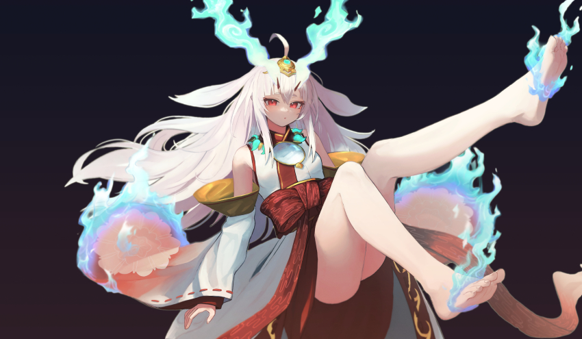 1girl absurdres ahoge bare_legs bare_shoulders barefoot blue_fire burning_clothes detached_sleeves duel_monster feet fiery_horns fire full_body gradient_background highres horns japanese_clothes kabanoki knees_together_feet_apart kurikara_divincarnate leg_up legs long_hair long_sleeves mirror obi pink_hair red_eyes sash soles solo toenails toes wide_sleeves yu-gi-oh!