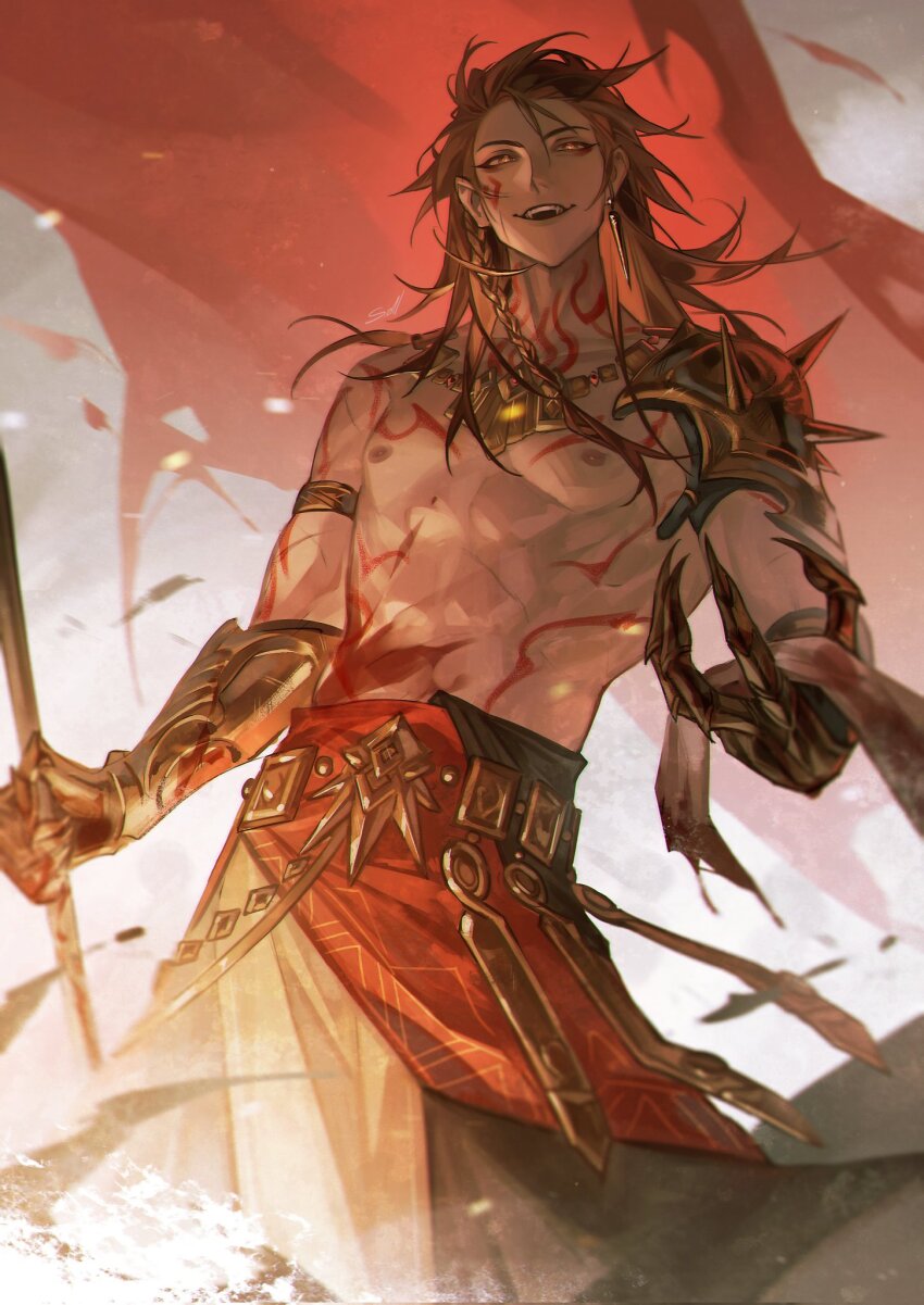1boy abs arm_tattoo armlet armor armored_gloves blonde_hair blood braid chest_tattoo earrings facial_tattoo flag gold_armlet gold_earrings gold_necklace highres honkai:_star_rail honkai_(series) jewelry male_focus medium_hair muscular muscular_male mydei_(honkai:_star_rail) necklace orange_eyes pauldrons red_tattoo shoulder_armor side_braid single_pauldron sollvart solo tattoo toned toned_male topless_male